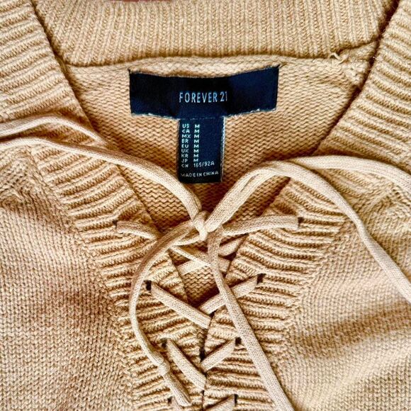 Forever 21 Light Brown Peasant Sweater Lace-up Neckline Cottagecore Medium - Picture 3 of 3